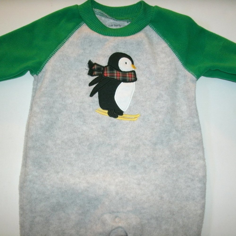 Carter's Baby Boys Romper Fleece Penguin Jumpsuit Green Gray 3 Months New